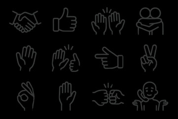 Hand gesture icons: thumbs up, peace, ok, high five, pointing, handshake, hug
