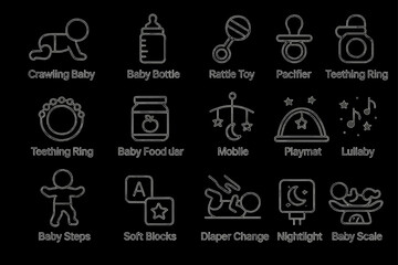 Baby essentials: crawling baby, baby bottle, rattle toy, pacifier, teething ring icons
