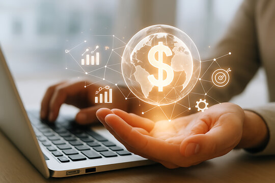 Golden digital globe with dollar sign and business analytics held in hand representing financial innovation, global market strategy and technology-based investment planning - Powered by Adobe