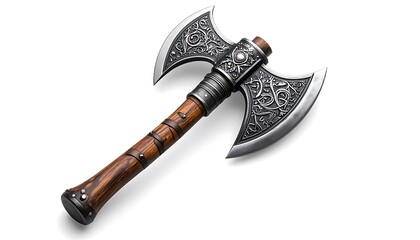 Viking Battle Axe with DoubleHeaded with Ornate Carvings, and Isolated on White Background.