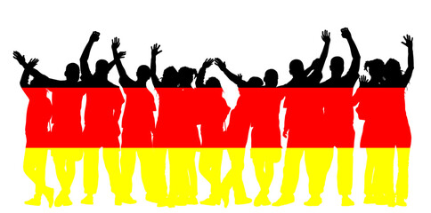 Germany flag over happy people waving hands vector silhouette illustration isolated. Boys girls tourists hand wave saying hi to host. Send off friends goodbye and come again. Family bye bye journey.