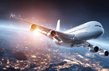 Cargo plane flying over bright cityscapes, highlighting global t