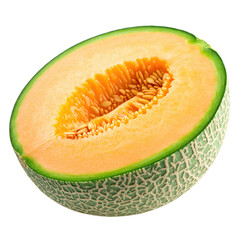 A vibrant, juicy cantaloupe melon with a cut side displaying the fresh, orange flesh and seeds, ready to enjoy.