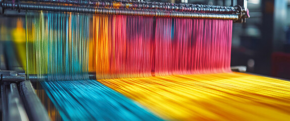 Colorful threads are skillfully stretched on a loom in a textile