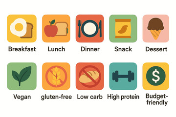 Colorful meal and diet icons: breakfast, lunch, dinner, snack, dessert options