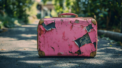 Travel insurance for lost luggage and broken baggage coverage, broken pink suitcase symbolizes travel insurance needs