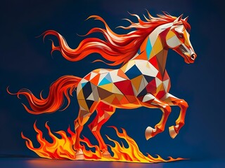 "Abstract geometric horse, filled with vibrant fiery colors and dynamic shapes. Symbolizing power, energy, and the Chinese zodiac fire horse for New Year 2026. Futuristic, modern 3D art.