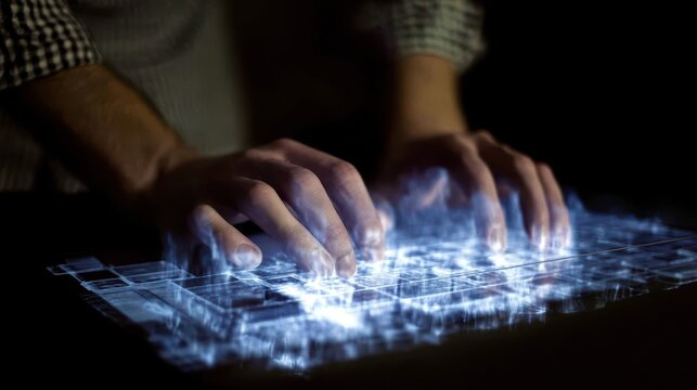 Hands typing on a futuristic glowing keyboard. - Powered by Adobe