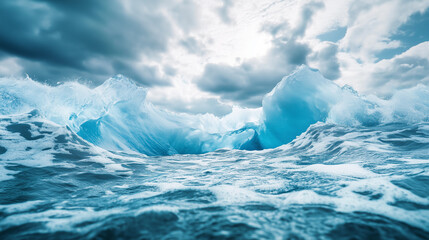 Fototapeta premium Massive Antarctic iceberg melts into swirling ocean currents, symbolizing global climate urgency.