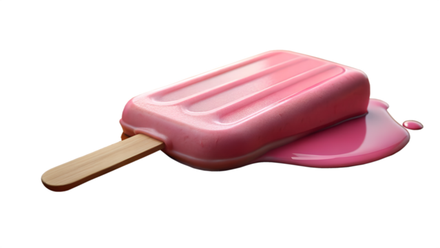 A vibrant pink popsicle melting into a puddle of sweet liquid, representing a refreshing summer treat, isolated on a transparent background