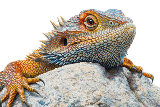 Colorful bearded dragon lizard on rock
