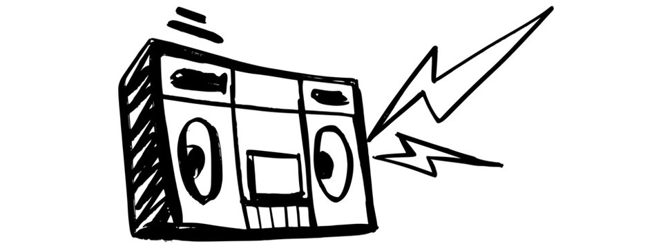 Graffiti-style radio doodle with bold black lines and lightning icon. Hand-drawn urban vector in expressive sketch design.