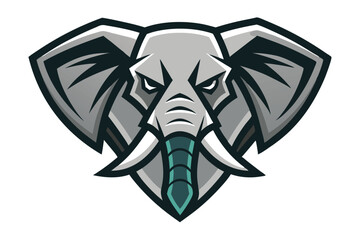 Fierce gray elephant mascot head with green trunk stares intensely forward on white