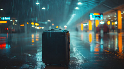 Travel insurance for lost luggage and broken baggage coverage, lonely black suitcase stands