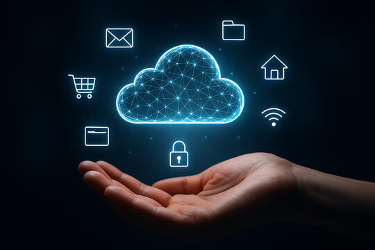 Cloud computing digital network hovering above hand showing storage security system internet data access infrastructure innovation services transformation and connectivity - Powered by Adobe