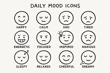 Daily mood icons: happy, sad, energetic, sleepy, inspired, cheerful faces
