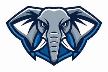 Striking elephant head with bold blue and gray color scheme shows intense expression