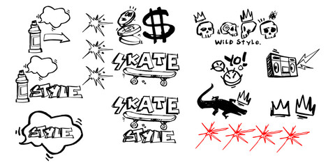 Collection of graffiti elements with skate tags, spray cans, stars, and skulls. Urban hand-drawn vector in bold black ink on transparent background.