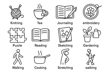 Set of hobby icons: knitting, tea, journaling, embroidery, puzzle, reading, sketching, gardening, walking, cooking, stretching