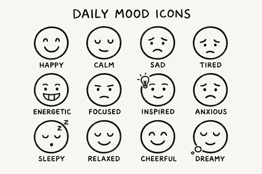 Daily mood icons: happy, sad, energetic, sleepy, inspired, cheerful faces