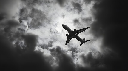 Travel insurance strategies concept. Silhouette of airplane flying through cloudy skies, evoking travel dreams.