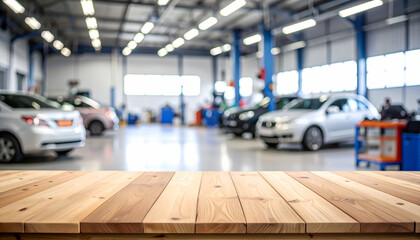 Wooden table with auto repair shop.