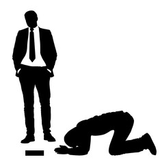 Street beggar begging for money from businessman vector silhouette illustration isolated. Poor hungry person need help for food. Stressful social public scene. Successful man against homeless boy.