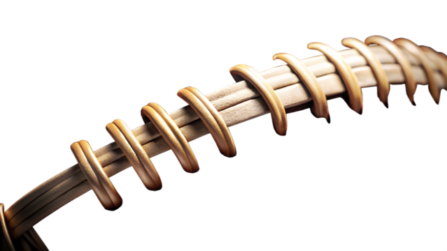 A closeup view of a textured brown american football with white laces, isolated on a transparent background