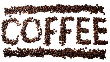 The word coffee spelled out with roasted coffee beans, isolated on a transparent background, evoking the rich aroma and energizing qualities of the popular beverage