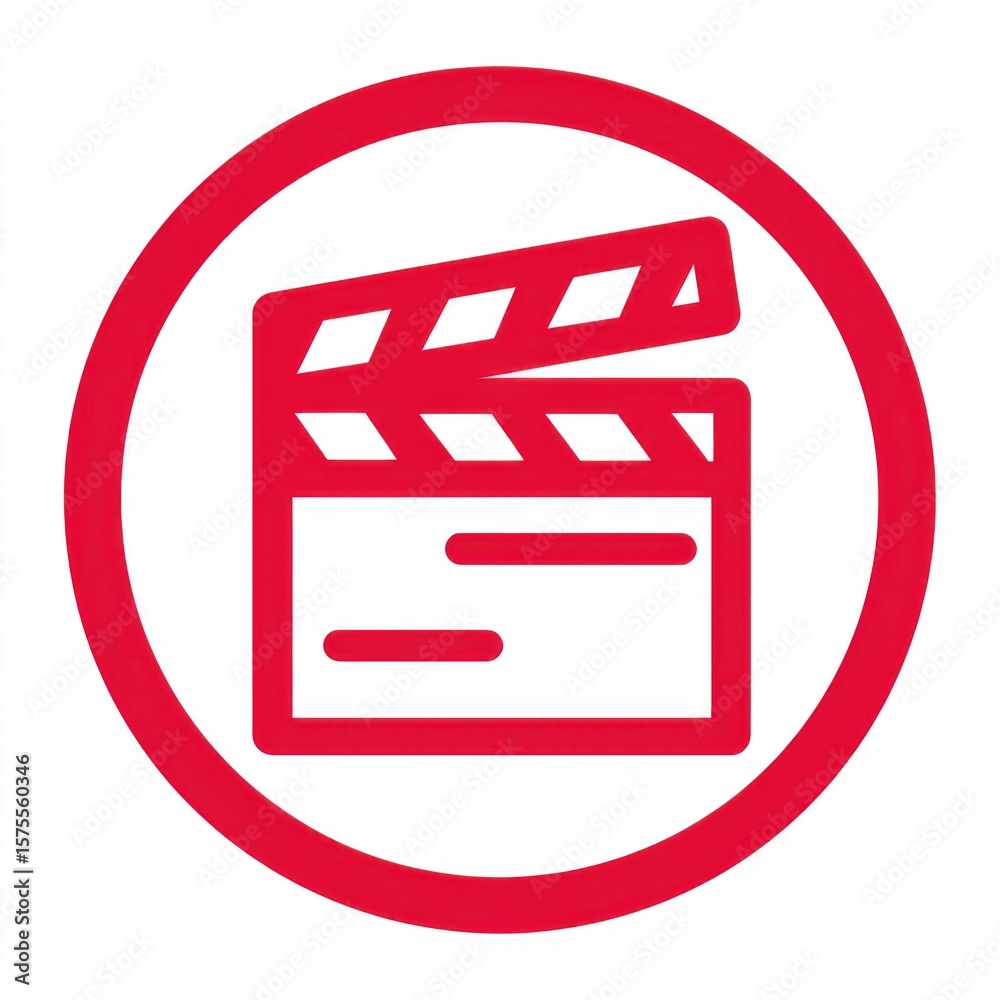 Aufkleber bold red-outlined clapperboard icon centered within a circular border, featuring white stripes on th