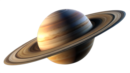 The majestic planet saturn, adorned with its iconic rings, floats in the vastness of space against a transparent background