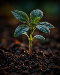 A refreshing sense of vitality and new life is captured in a close-up of a thriving young plant with several green leaves, visibly dotted with water droplets, firmly rooted in dark