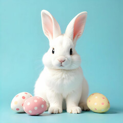Fluffy white bunny Easter eggs pastel blue background