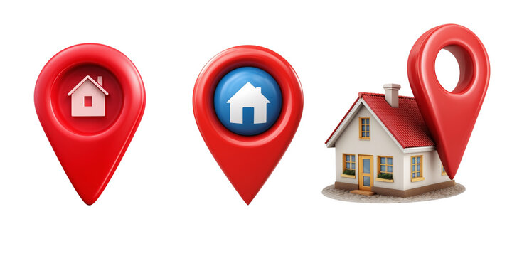 Red location pin with home symbol set isolated transparent white background. Location marker with house icon. 3d render location pin
