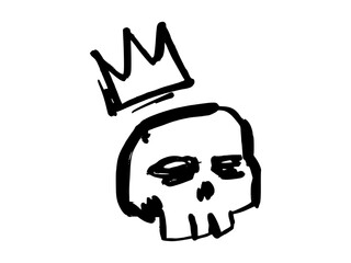 Graffiti skull with crown vector illustration. Bold black urban tag with expressive hand-drawn lines and street art style on transparent background.