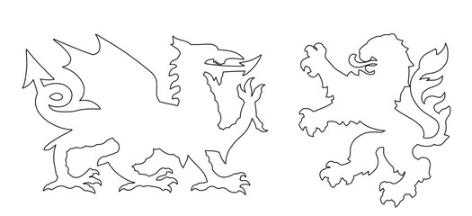 Royal heraldry wild beast fight dragon and lion battle vector line contour silhouette illustration isolated. Heraldic animal symbol coat of arms. Shield Wales VS Hesse Germany town seal Europe city.