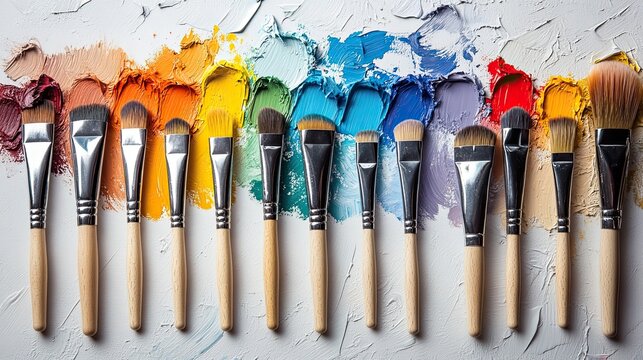 Paint swatches and brushes on white canvas, ideal for art tools flatlay, creative projects, or color palette displays