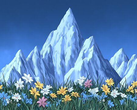 Snowy mountains with wildflowers