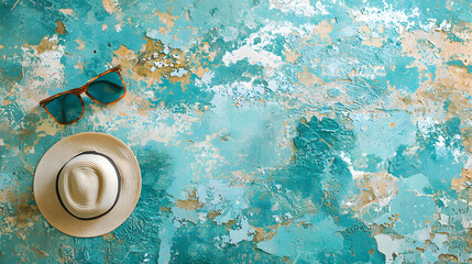 Turquoise travel flatlay airplane map sunglasses hat copy space background vacation planning concept