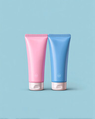 Pink and Blue Cosmetic Tubes on Blue Background