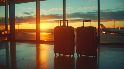 Two suitcases standing in an airport terminal during sunset, symbolizing anticipation for a journey filled