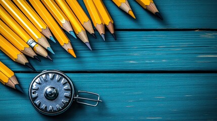 Pencils and metal sharpener flatlay on desk, creative writing or drawing supplies for school, office or art use