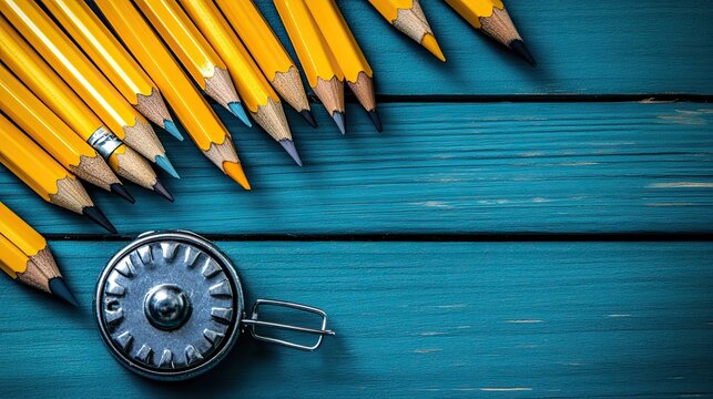 Pencils and metal sharpener flatlay on desk, creative writing or drawing supplies for school, office or art use - Powered by Adobe