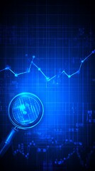 Magnifying glass over fluctuating market data.