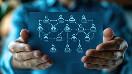 Person holding blue paper organizational chart representing teamwork, hierarchy, and company structure concept
