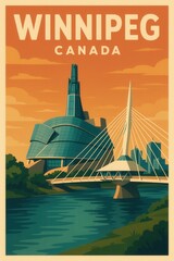 Retro illustration of Winnipeg with Canadian Museum for Human Rights and Esplanade Riel pedestrian bridge over the river in Manitoba, Canada