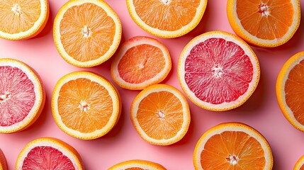 Pink pastel background with sliced oranges flatlay, citrus fruit concept for fresh healthy food or design element