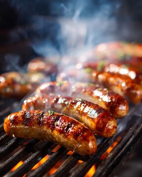 Bratwurst sizzling on grill with steam rising