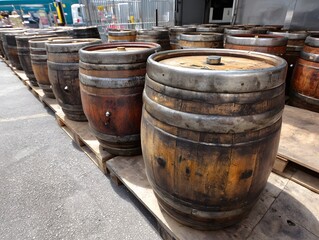 Row of wooden kegs ready for tapping