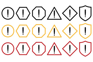 Set of warning and alert icons with exclamation marks in various shapes and colours. triangle, circle, shield with black, red and yellow styles for hazard, caution and error messages.